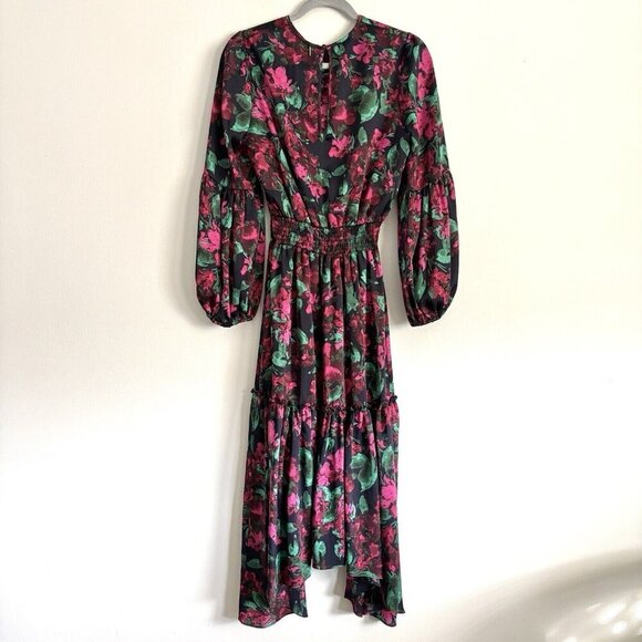 NEW MISA Los Angeles Simone Black and Pink Floral Satin Midi Dress Women’s Small - Picture 9 of 12